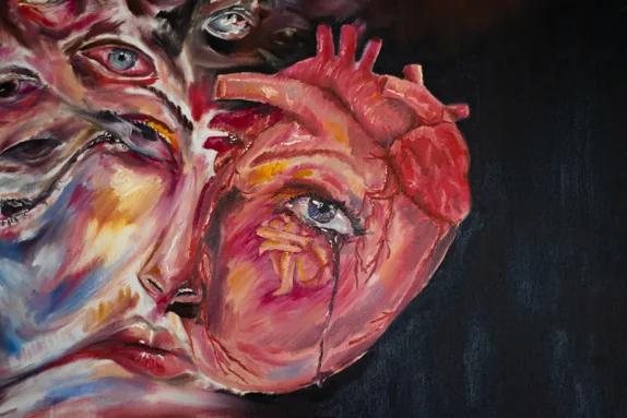 Detail of 'Love': anatomical heart with a weeping eye, beside a face