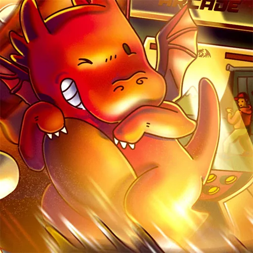 Detail: laughing orange dragon in front of an arcade sign