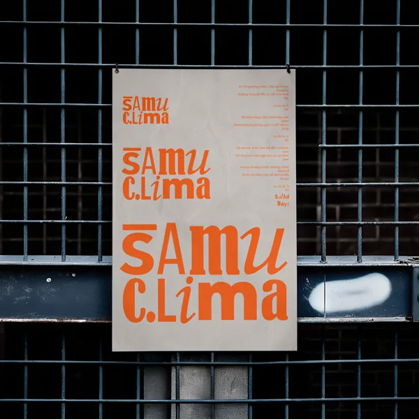 Samu Clima poster with the logo in three sizes, hung on a metal fence