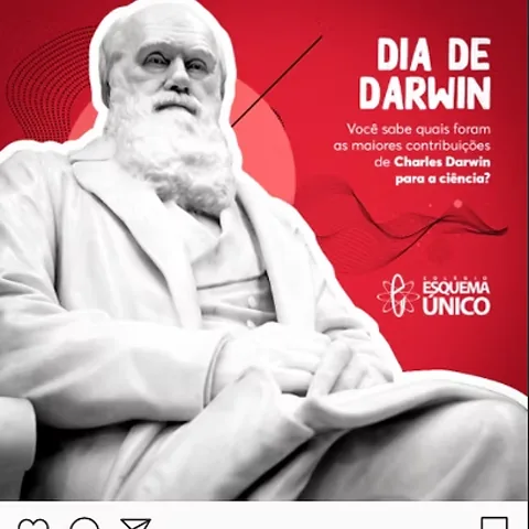 Colégio Esquema Único “Dia de Darwin” post featuring a statue of Charles Darwin