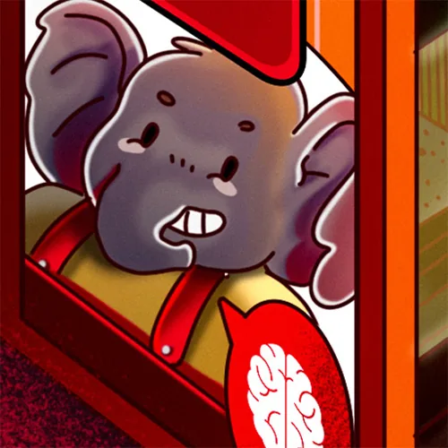Detail: elephant on the box side with a brain-icon speech bubble