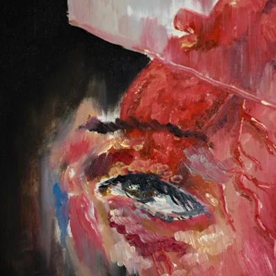 Detail of 'Suffering': a human eye emerging from the heart's flesh