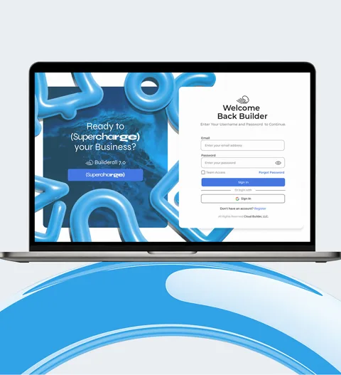 Laptop showing the Builderall login page with Supercharge artwork