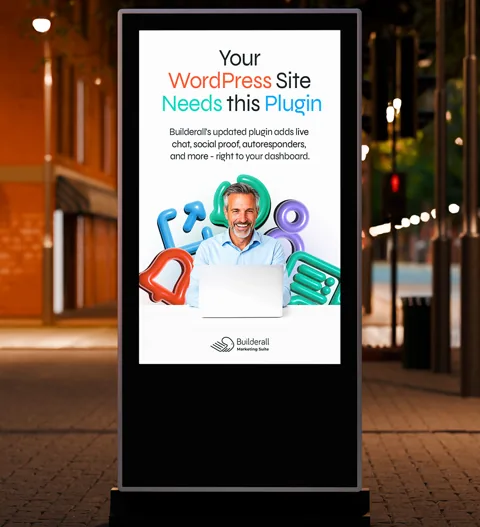 Street display: “Your WordPress Site Needs this Plugin”, smiling man at a laptop
