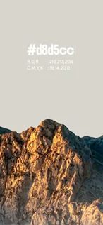 Palette card: light gray #d8d5cc over rocky mountain peaks