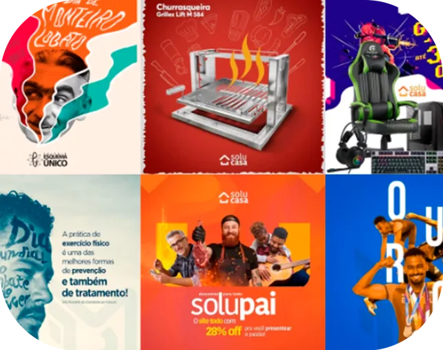 Grid of six Mustache social media posts, including Solu Casa ads and a Father’s Day sale