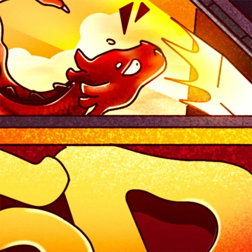 Detail: startled red dragon above the SSD lettering