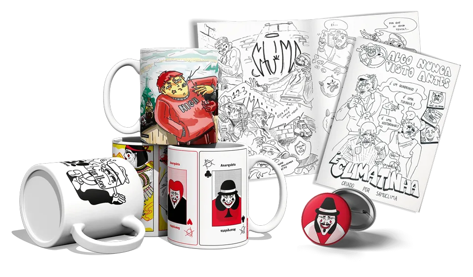 Inferno Cotidiano kit: mugs, an anarchist pin and the comic “É Climatinha”