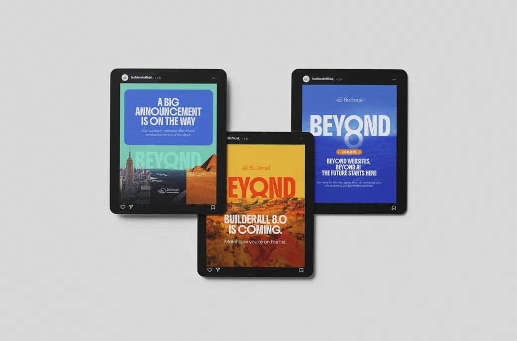 Three Instagram posts teasing BEYOND: “Builderall 8.0 is coming”