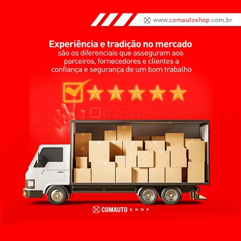 Comauto Shop post: delivery truck full of boxes and a five-star rating
