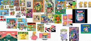 Moodboard of colorful character illustrations and posters