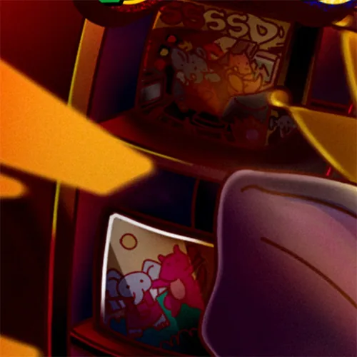 Detail: arcade screens showing the elephant and the dragon