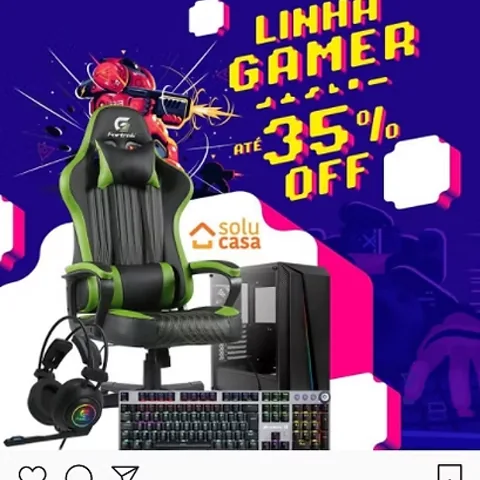 Solucasa “Linha Gamer” post: gaming chair, PC and keyboard, up to 35% off