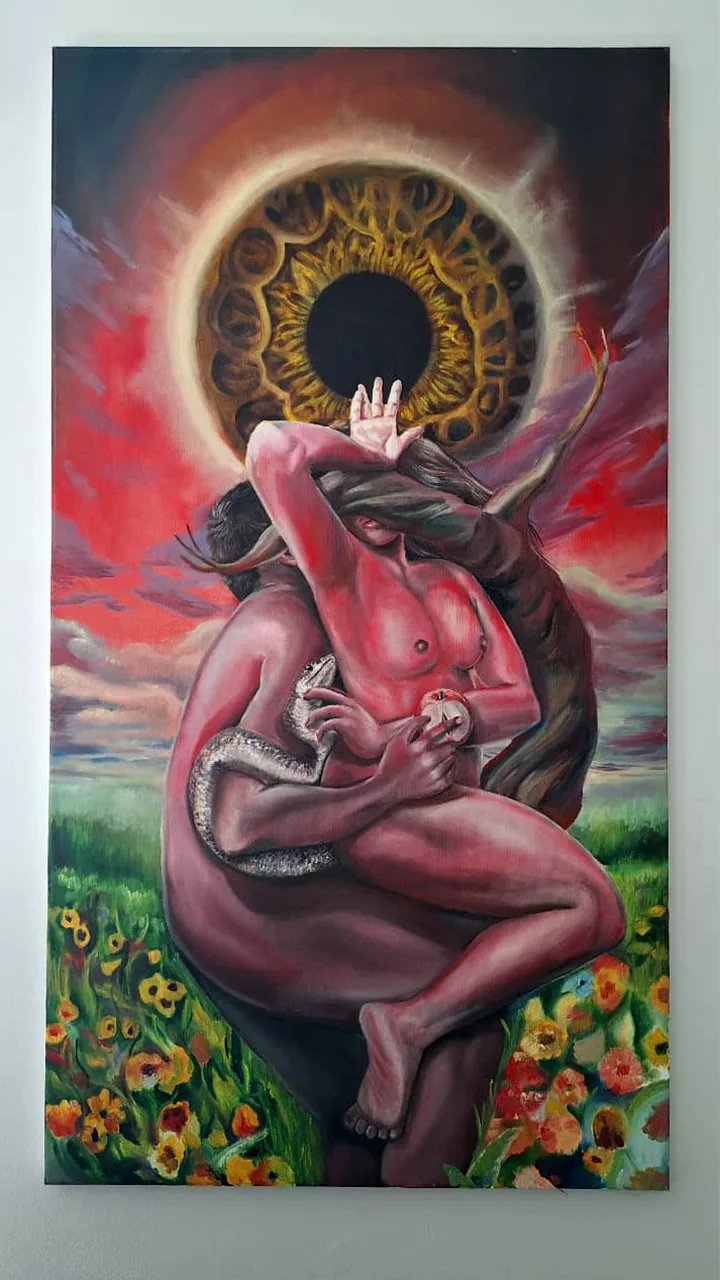 'Eden': entwined nude couple with a snake and apple beneath a giant eye