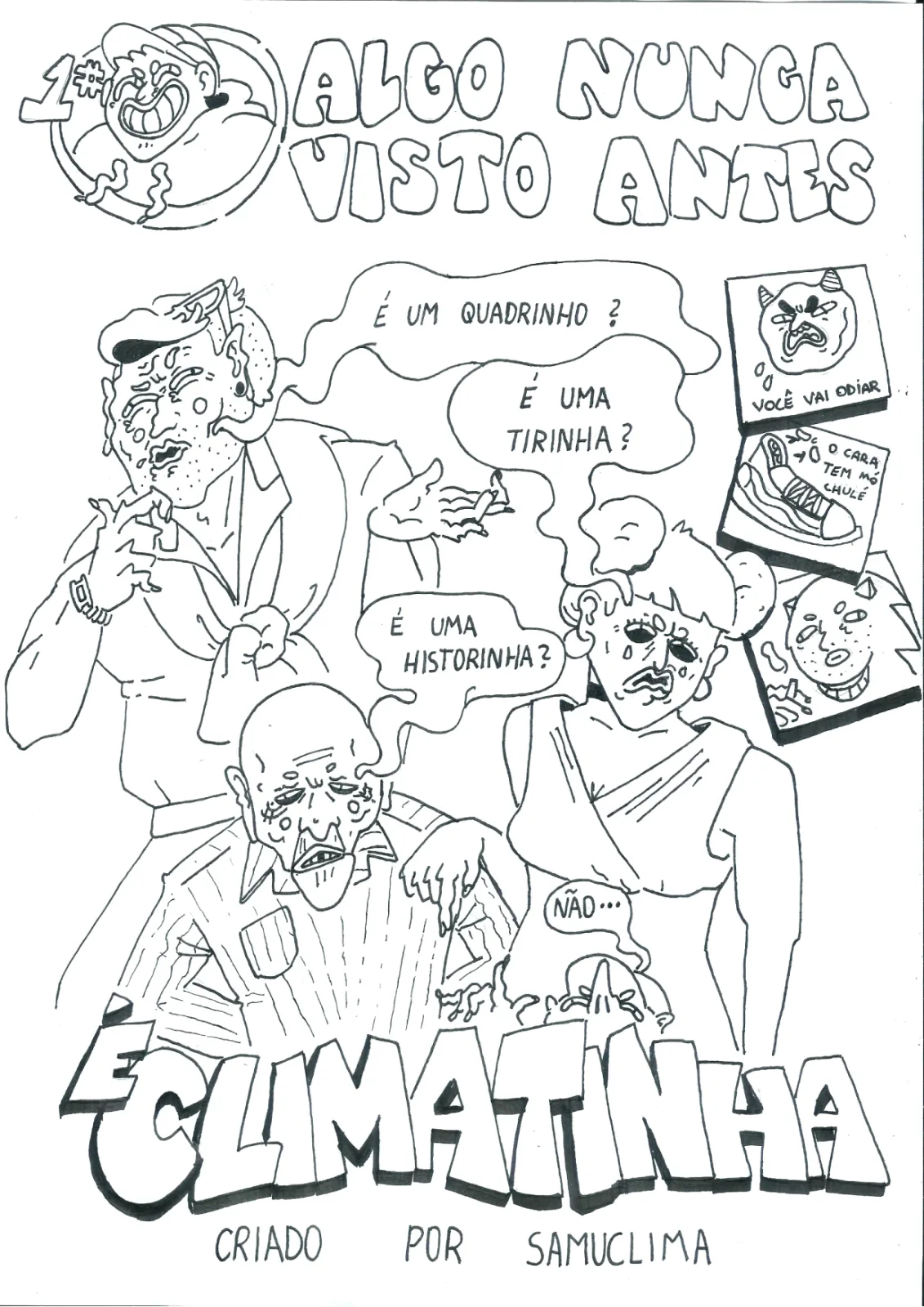 Capa de “Algo Nunca Visto Antes”, Climatinha nº 1: personagens perguntam “É um quadrinho? É uma tirinha?”