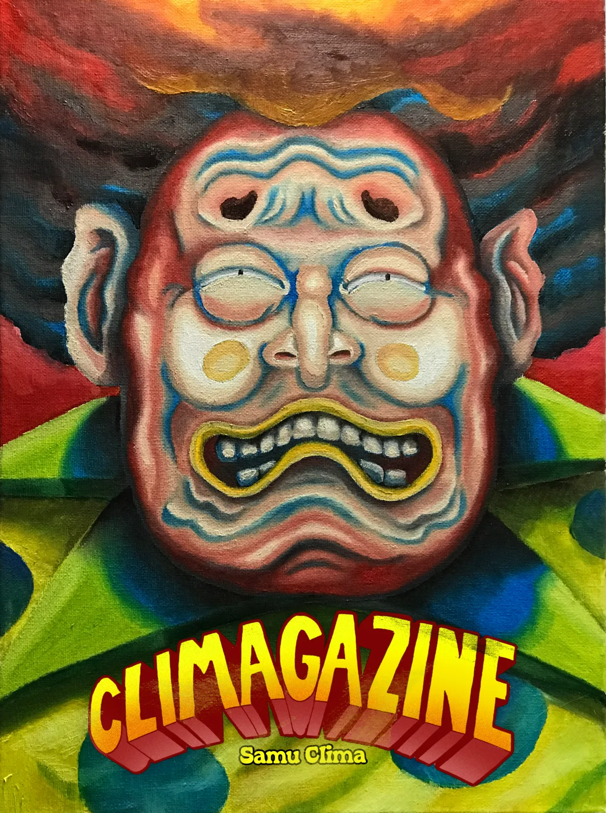 Capa da CLIMAGAZINE: pintura a óleo de um rosto aflito e distorcido, assinada Samu Clima